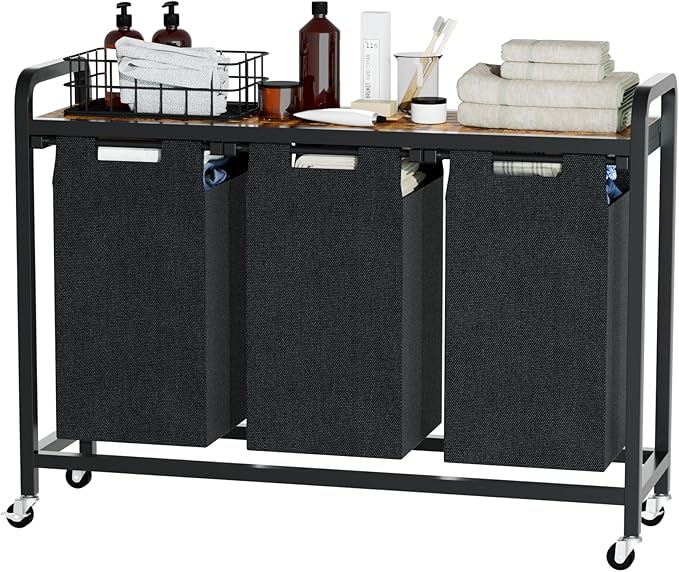 Laundry Sorter with Shelf, Wheels, Pull-Out and Removable Bags, Laundry Hamper Organizer 3 Sections, Rolling Laundry Basket for Laundry Room Bathroom Hotel Dorm, 42.13"L x 12.8" W x 30.51"H