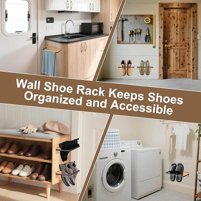 2-Pack Wall Mounted Shoe Rack, Wooden & Metal Foldable Shoe Rack - Space Saving Wall Shoe Holder for Entryway, RV, Camper, Closet, Apartment, Fits Various Shoes - Natural