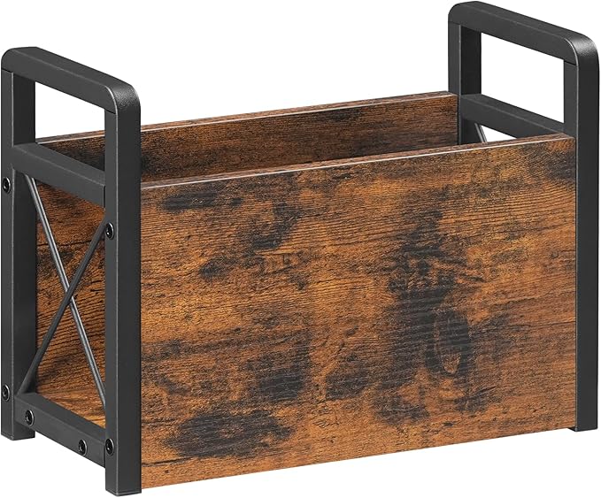 Magazine Holder, Magazine Rack Floor, Magazine Storage Basket, Magazine Rack for Desktop Home Office, Wooden Mail Organizer for Books, Newspapers, Mails, Rustic Brown and Black MR01BR