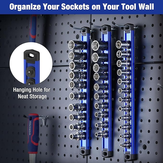 WORKPRO Magnetic Socket Organizer Set, 3-Piece Aluminum Alloy Socket Rail, Heavy Duty Socket Holder, Socket Rack Kit 1/4-Inch x 12 Clips, 3/8-Inch x 10 Clips, 1/2-Inch x 10 Clips (Blue)