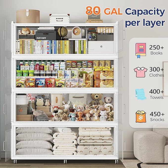 240 Gallon Extra Large Collapsible Storage Bin with Lid, 960QT Stackable Plastic Organizer with 6x Wheels, Foldable Drawer Cabinet for Closet, Living Room Office, Kitchen 3Pack, White