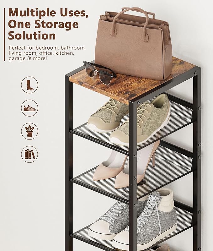 6 Tiers Vertical Shoe Rack, Corner Shoe Storage Organizer, Narrow Shoe Tower for 6 Pairs, Space Saving Sturdy Metal Shoe Shelf, Adjustable, Freestanding, for Entryway, Hallway, Living Room, Bedroom
