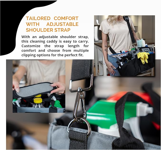Wearable Cleaning Caddy – Portable Detailing Organizer with Spill-Proof Liner, Straps & Handles – Large Tote for Cleaning Pros, Auto Detailers, and Housekeepers – Black/Gray
