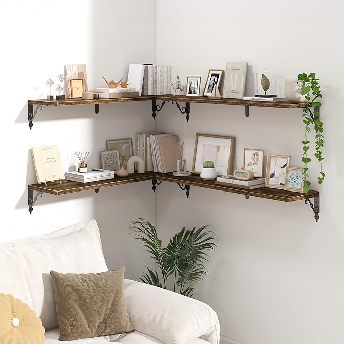 Deep Floating Shelves for Wall, 32"W x 8"D Wall Shelves, 8 Inch Deep Floating Shelf with Bracket, 32 Inch Floating shelves Set of 2, Rustic Shelves for Living Room, Bathroom and Kitchen, Rustic Brown