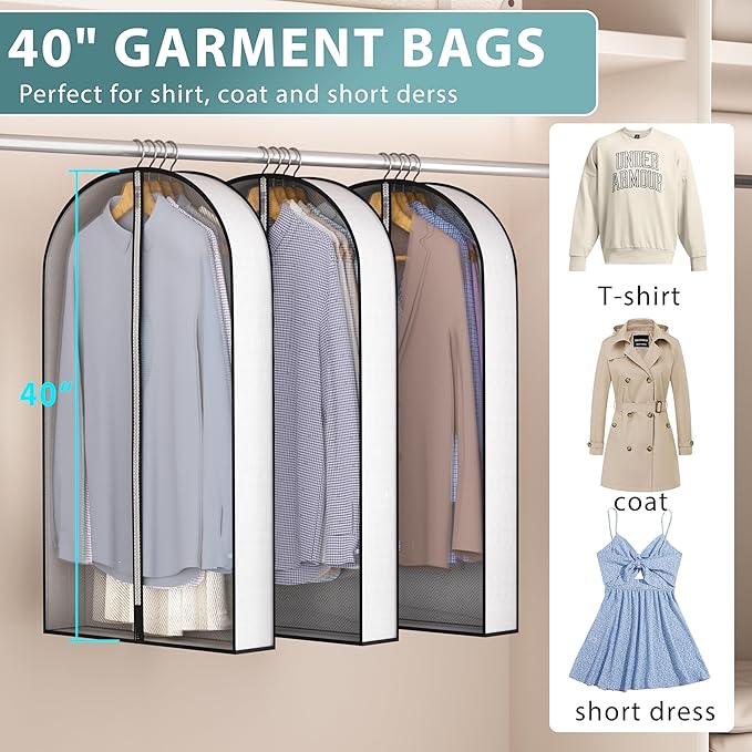 40” Garment Bags for Hanging Clothes 4” Gusseted - with Clear Window, Breathable Fabric, Metal Zipper, Suit Coat Dress Protector for Clothes Closet storage, Season Off, Moving, 3 Pack