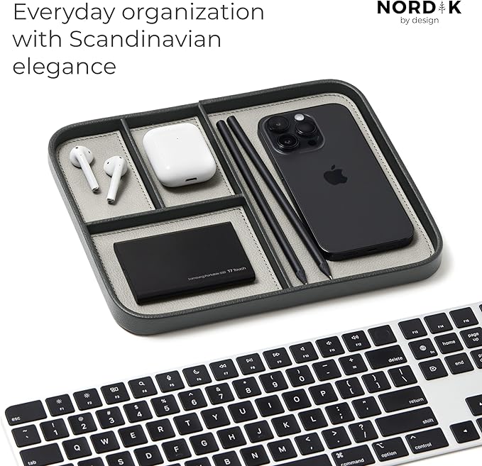 Nordik Leather Valet Tray - Sahara Gray - 9.5 x 7.9 Inch Medium Vegan Leather Tray - Stylish Nightstand Organizer for Men - Modern Bedside Caddy - EDC Catchall for Key Watch Wallet Jewellery