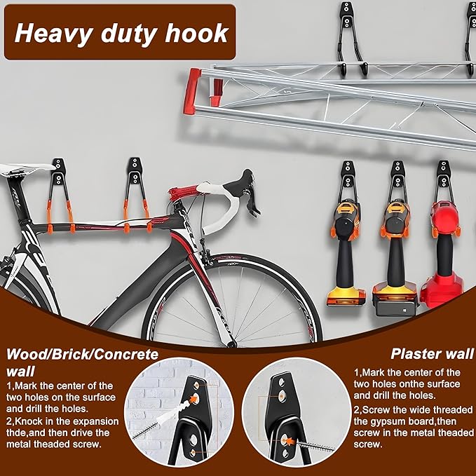 Garage Hooks Heavy Duty 12 Pack, Steel Garage Storage Hooks, Tool Hangers for Garage Wall Utility Wall Mount Garage Hooks and Hangers with Anti-slip Coating for Garden Tools, Ladders, Bulky Items (12)