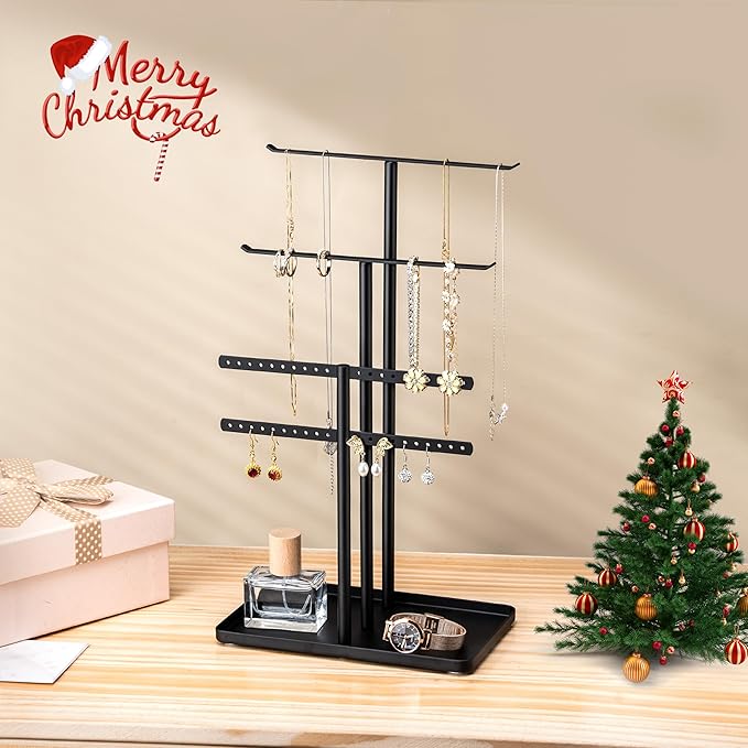 pickpiff Jewelry Stand Organizer, 14.5" Tall Sturdy Metal, 3-Tier Jewelry Holder for Necklace, Earring, Bracelet, Ring, Hanger for Display and Storage, Aesthetic Room Decor, Black
