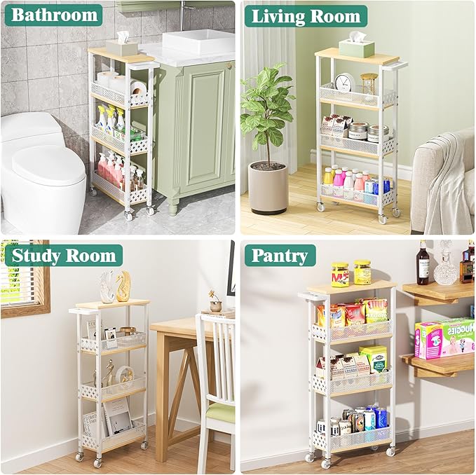 Giwil 4-Tier Slim Rolling Storage Cart for Kitchen Bathroom Organizer, Mobile Narrow Storage Cabinet Utility Cart with Wood Rack on Wheels for Pantry Laundry Small Space, White