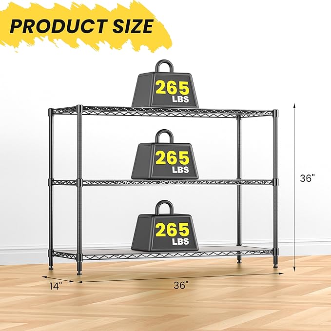 3-Shelf Adjustable Storage Shelves 36" W x 14" D x 36" H Metal Shelving Unit Heavy Duty Wire Rack Small Organizer with 3 Shelf Liners for Kitchen Pantry Bathroom Laundry Closet Garage Black