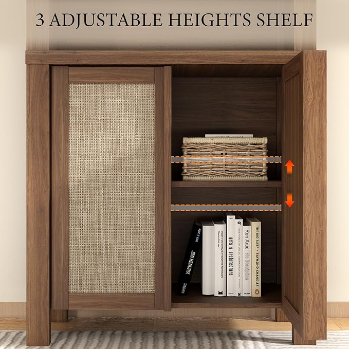 Yechen Arched Bookcase, 70.5" Tall Bookcase with Storage, Mid-Century Modern 5 Tier Bookshelves with Door, Boho Rattan Bookshelf for Living Room Kitchen Office Bedroom Library, Dark Walnut,3 PCS