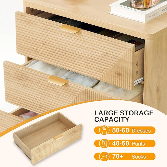 3 Drawer Fluted Nightstand for Bedroom, Modern Wood Night Stand with Curved Profile, Fluted Dresser & Wood Drawer Organizer for Bedroom and Hallway