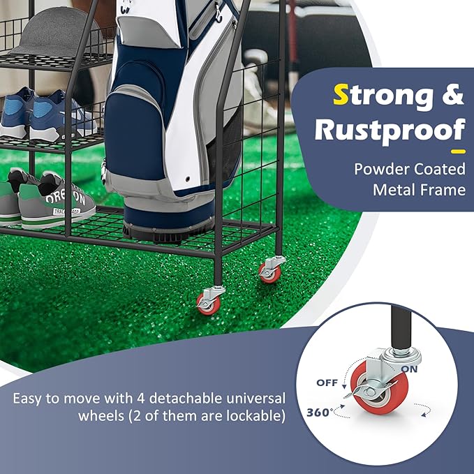 GYMAX Golf Bag Organizer, Golf Storage Garage Organizer with Lockable Wheels & Golf Club Side Pockets, Extra Large Golfing Equipment Rack for Golf Accessories Garage Organizer