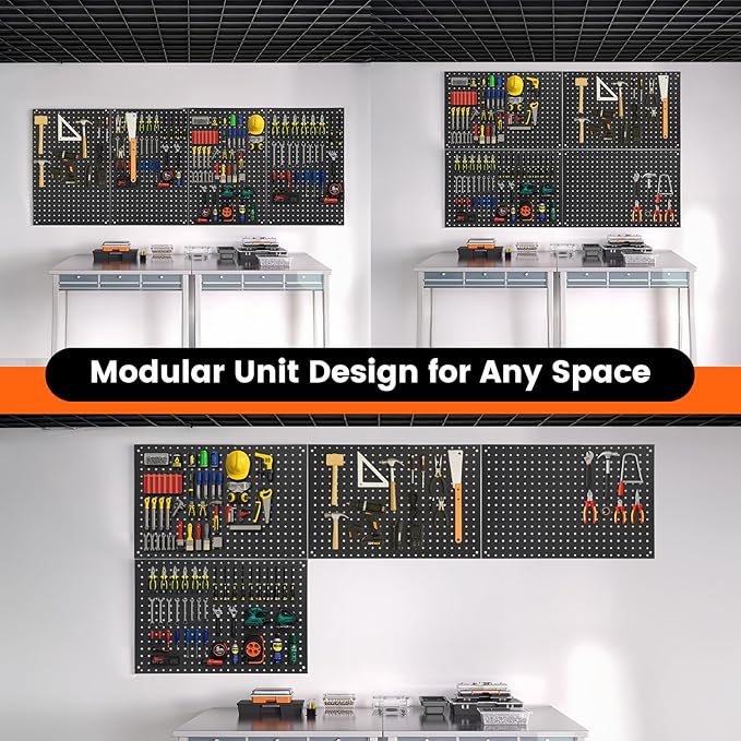 Pegboard, 4 PCS 24"×16" Metal Peg Board Panels Black Modular Wall Organizer Kit with 40 Hooks, Dual-Size Hole Design for Home Tool Storage, Garage Organization, Kitchen, Office, Craft Room