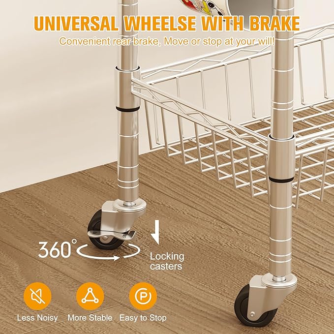 Homeiju Rolling Kitchen Storage Cart, 3-Tier Storage Rack on Caster Wheels with Adjustable 2 Baskets, Coffee Station Cart Rack Shelf Organizer for Living Room Office, Balcony, Chrome/Silver