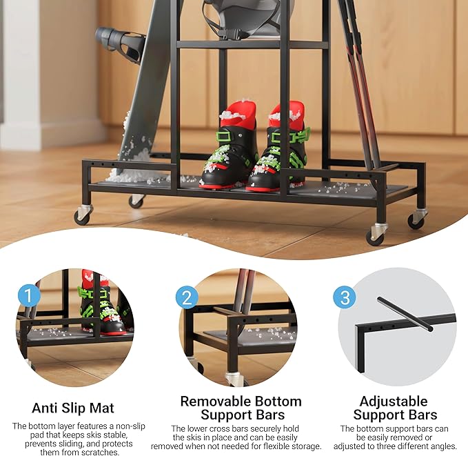 Standing Ski Storage Rack, Holds Snowboards & Skis, 3-Tier Organizer for Gear, Black - Ski Rack for Garage with Anti-Slipmat