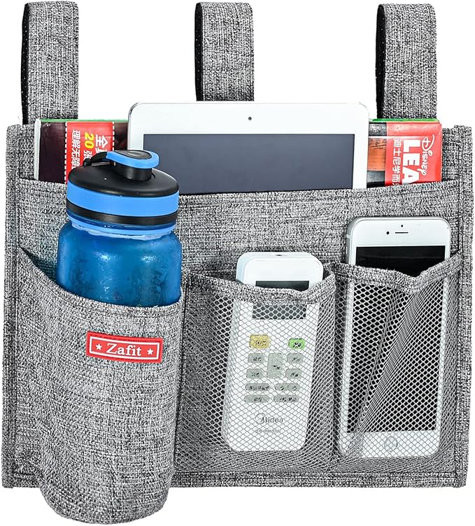 Linen Bedside Caddy, Bedside Storage Organizer for Hospital Beds, College Dorm Rooms or Baby Bed (4 Pockets-Grey)