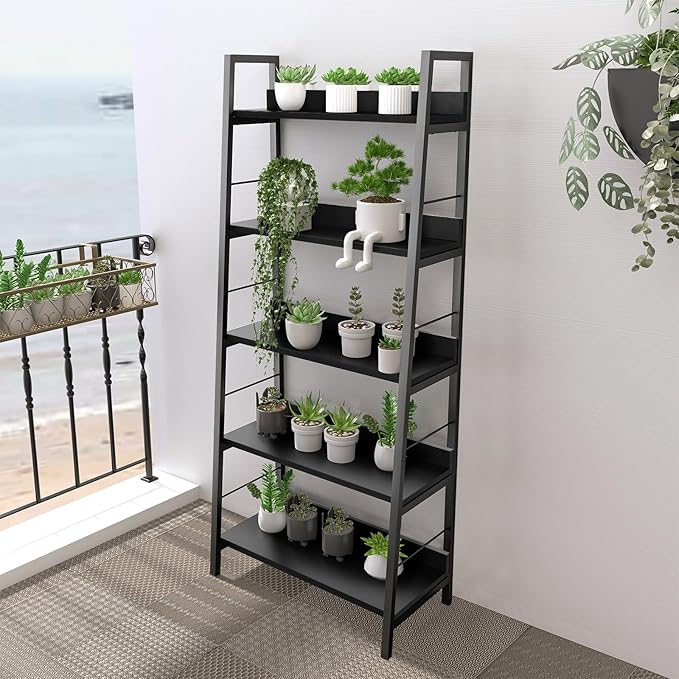 Himimi Black Ladder Bookshelf, 5 Shelf Bookcase Industrial Bookshelf Wood and Metal Bookshelves, Plant Flower Stand Rack Book Storage Shelves for Living Room, Bedroom, Home Office