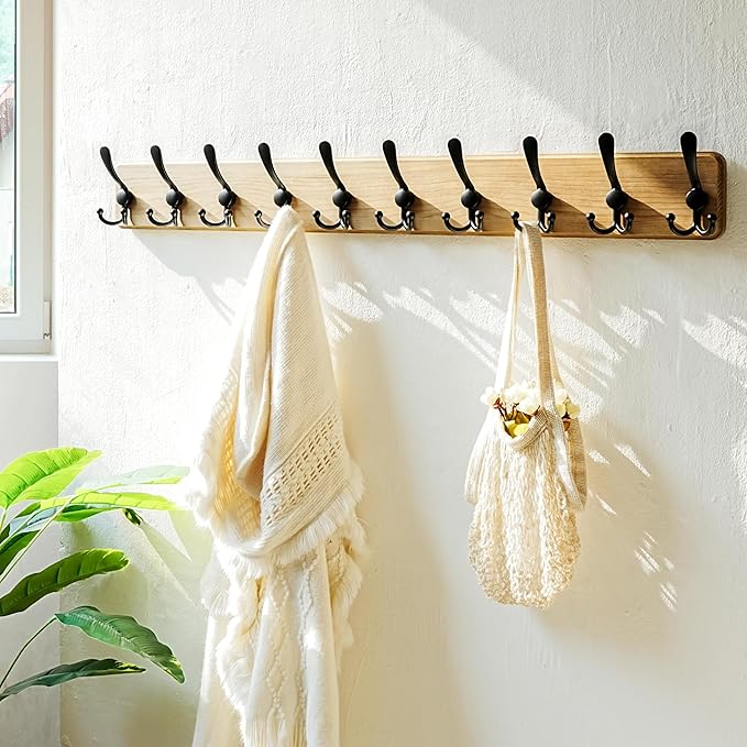 Dseap Coat Rack Wall - Heavy-Duty 38-1/4" Long, with Reinforced 10 Custom Tri-Hooks, Solid Wood Wall Hanger for Coats Hat Jackets - Rustic Farmhouse Entryway Hallway Storage, Weathered Brown & Black