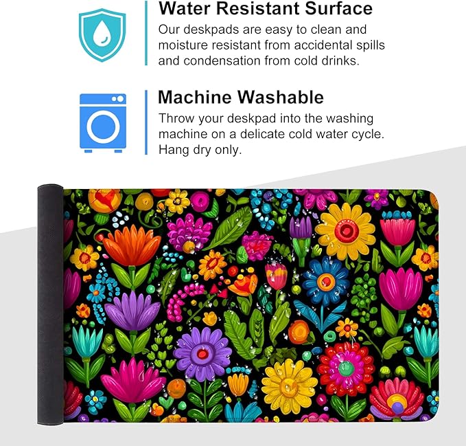 Folk Art Floral Mouse Pad – Large Extended Desk Mat 35.43 x 15.75 in – Colorful Boho Flowers on Black Background, Waterproof Surface, Non-Slip Rubber Base, Oversized Mouse & Keyboard Pad