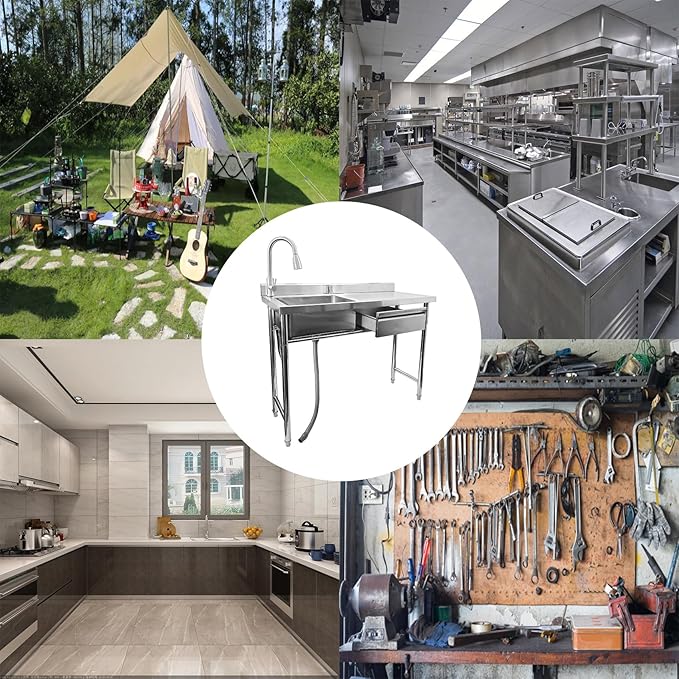 304 Stainless Steel Utility Sink with Faucet – Free Standing Single Bowl Kitchen Sink with Workbench & Drawer Storage, Hot/Cold Water Pipes for Laundry, Farmhouse & Outdoor Use 47”(SCTD-120R)