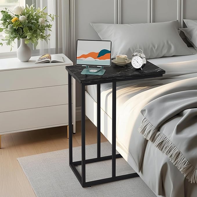 VECELO C Shaped End Side Table for Sofa Couch and Bed Snack TV Tray for Living Room Bedroom, 1 PCS, Black Marble
