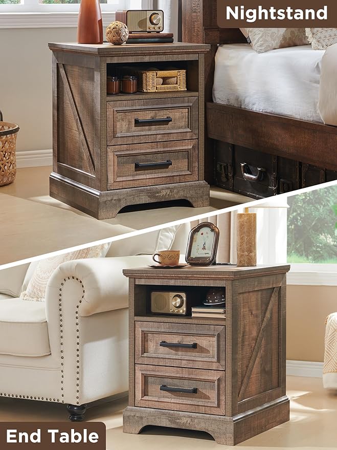 ACCOHOHO 18" Farmhouse Nightstand with Charging Station,End Table with 2 Drawers Storage,Side Table,Bedside Cabinet for Bedroom,Living Room, Light Brown