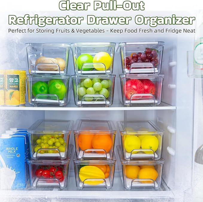 Large Fridge Organizer Drawers, 4 Pack Stackable Fruit and Vegetable Storage Containers, Clear Pull-Out Refrigerator Organizer Bins for Kitchen, Refrigerator, Pantry, Cabinet, Freezer
