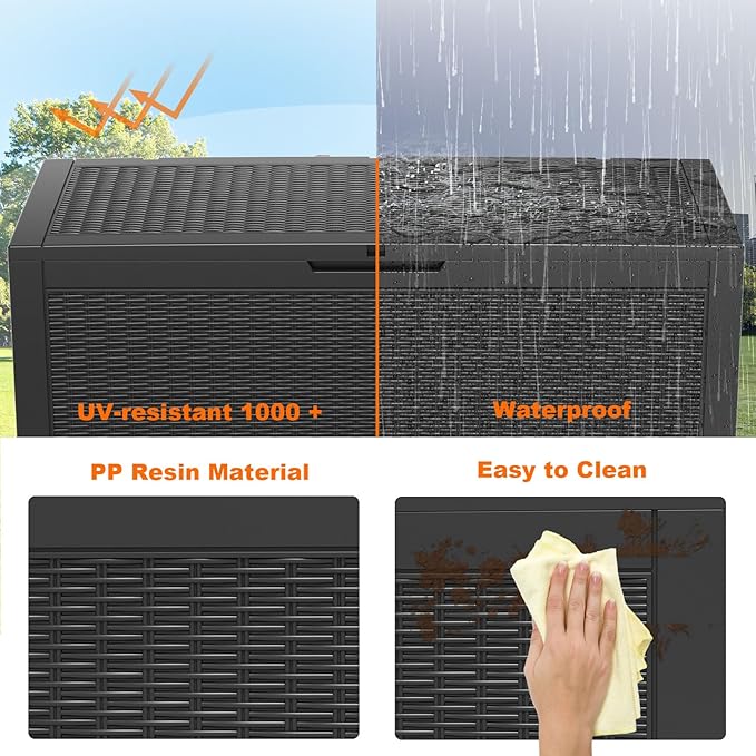 120 Gallon Resin Deck Box, Lockable Patio Outdoor Storage Box for Furniture, Garden Tools and Tools Storage, Waterproof Outside Storage Boxes - Black