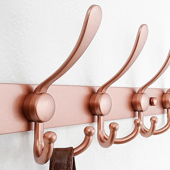 Dseap Coat Rack Wall Mount - 38” Long 10-Tri-Hooks Heavy Duty Coat Hanger Rail Wall Hooks for Hanging Coats Hats Clothing Clothes Purse Mudroom Entryway, Rose Gold, Pack of 2