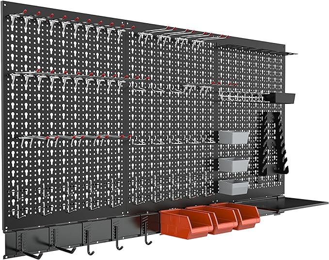 TORACK Metal Pegboard Wall Organizer System for Garage, 109 PCS Pegboard Accessories Tool Organizer Kit with Pegboard Bins, Hooks, Pegboard Tool Storage System for Workbench(Black)
