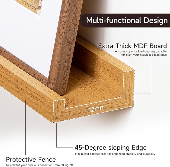 Fun Memories Picture Ledge Shelf for Wall, Floating Shelves Set of 4, 48 Inch Long Nursery Book Shelves for Toys Storage, Kids Bookshelf Wall Mounted for Books Photo Frames, Oak
