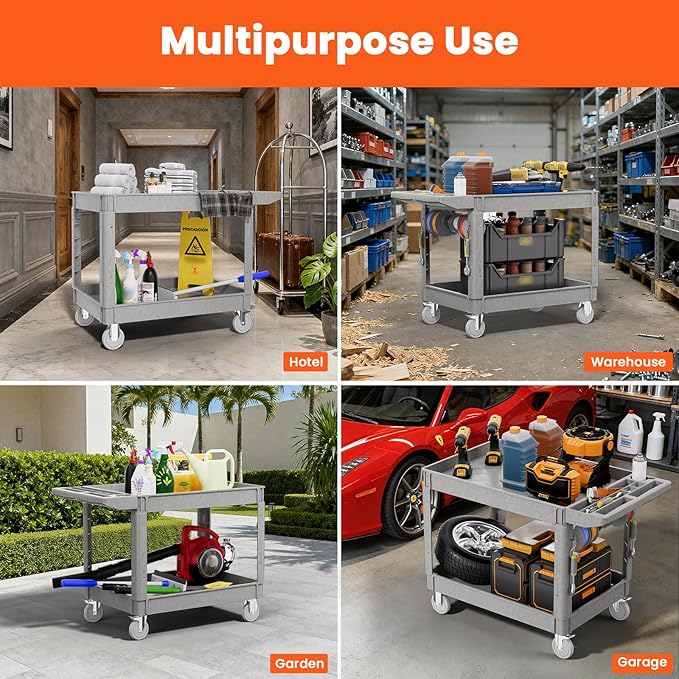 2 Tier Plastic Rolling Utility Cart on Wheels, Heavy Duty Tool Cart with Deep Shelves and 360° Swivel Wheels Holds up to 550 lbs, Service Cart for Warehouse,Garage, Cleaning (Gray-L)