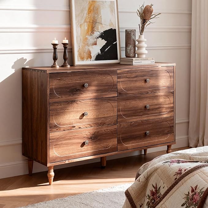 6 Drawer Dresser for Bedroom, 47" Wide Mid-Century Chest of Drawers with Solid Wood Legs, Dark Walnut Wood Dresser with 6 Storage Drawers for Bedroom, Living Room, TV Stand