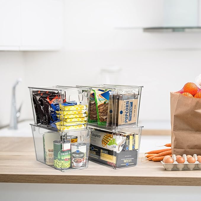 ClearSpace Modern Plastic Storage Bins with Lids – Perfect Kitchen Organization or Pantry Fridge Organizer, 4 Pack, 12.5" x 6" x 7", 9L Capacity Each, BPA Free, Stackable