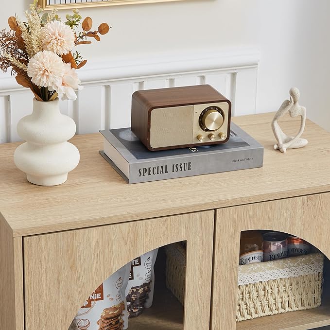 Farmhouse Floor Storage Cabinet with Arched Acrylic Door, 27" Short Accent Display Sideboard Buffet Cabinet with Adjustable Shelf for Living Room, Bathroom, Kitchen Coffee Bar (Natural)