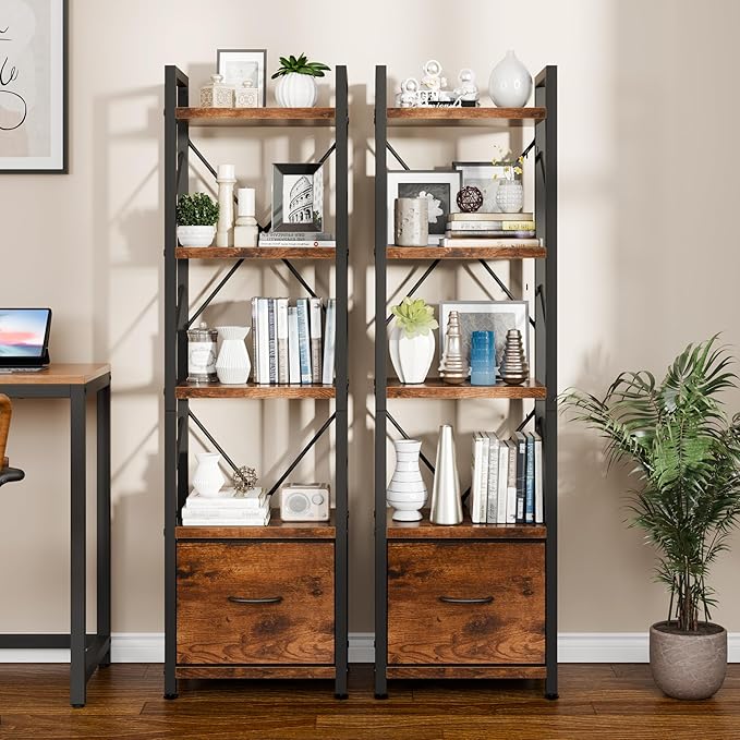 Vongrasig 5 Tier Bookshelf with Drawer, Industrial Tall Narrow Bookcase, Display Shelf Modern Wood and Metal Bookshelves, Free Standing Storage Organizer for Office, Living Room