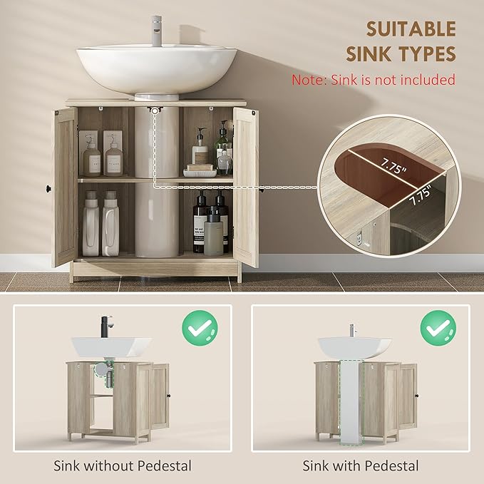 HOMCOM Under Sink Bathroom Cabinet, Pedestal Sink Storage Cabinet with 2 Doors, Shelf and U-Shape, Weathered Gray Oak