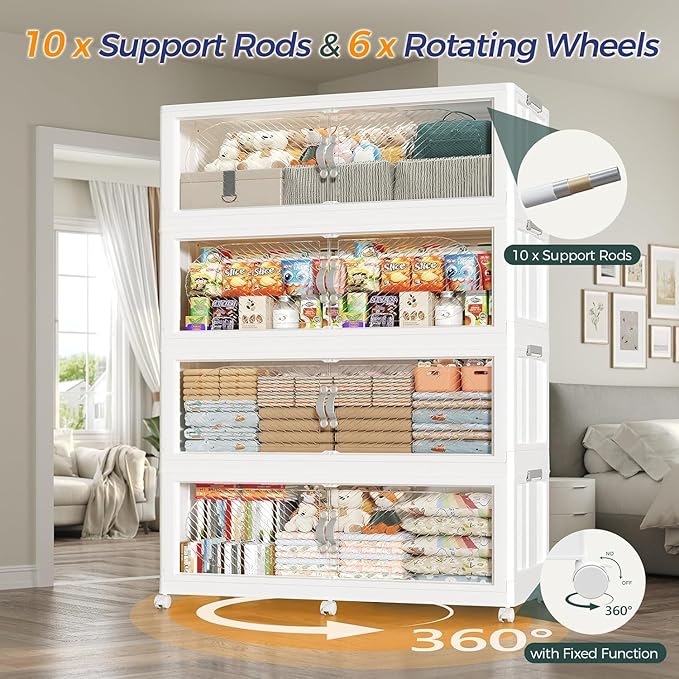 720QT Extra Large Stackable Storage Bins with Lid & Wheels & Doors, 180Gal Foldable Collapsible Closet Organizers, Plastic Cabinet Box Container Drawer for Home Kitchen Bedroom, 3Pack White