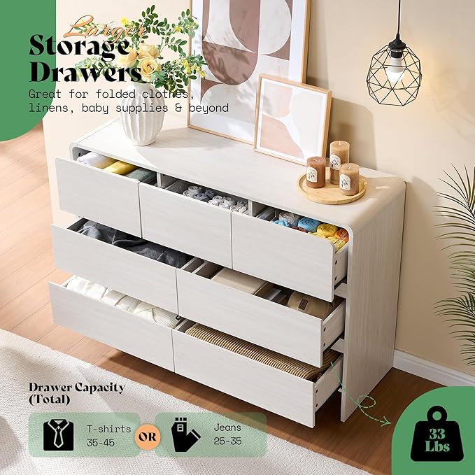 AMERLIFE 7 Drawer Dresser for Bedroom, 49" Wide Modern Chest of Storage Drawers with Rounded Corners, Anti-Tip Kit, Wood Cabinet Organizer for Closet, Living Room, Nursery, Easy Assembly, White