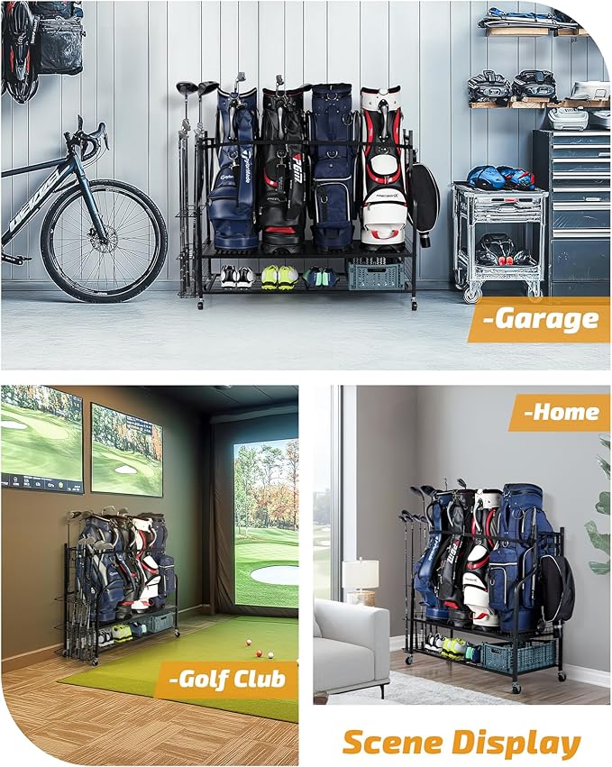 PLKOW 4 Golf Bag Organizer Garage Storage, Extra Large Golf Bag Storage Rack for Golf Bag, Golf Clubs and Golf Accessories, Golf Storage for Garage, Golf Clubs, Basement