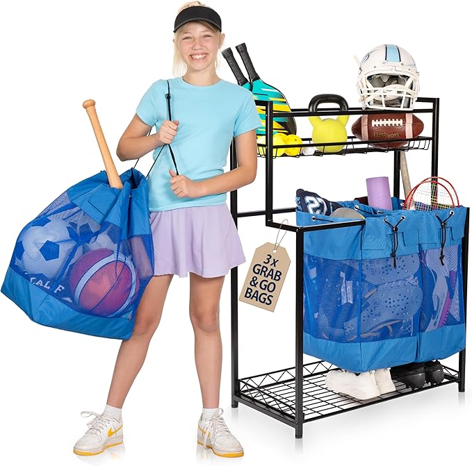 KASSELL Garage Sports Organizer Storage rack for sports equipment Ball, Heavy Duty Toy and Gear Storage Organizer with Grab and go bags (Blue)