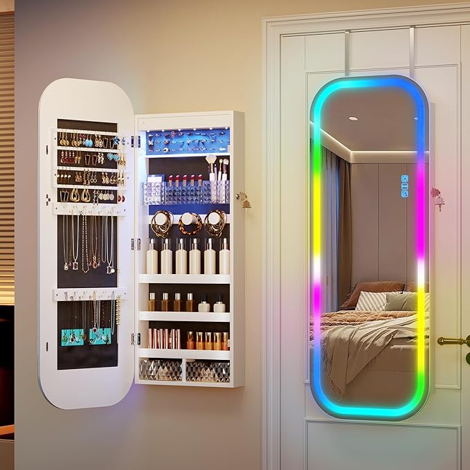 LVSOMT Round Mirror Jewelry Cabinet Door Hang, Jewelry Armoire with Mirror Wall Mounted, Hanging Mirror Jewelry Organizer, Full Length Mirror with Jewelry Storage, RGB Lights