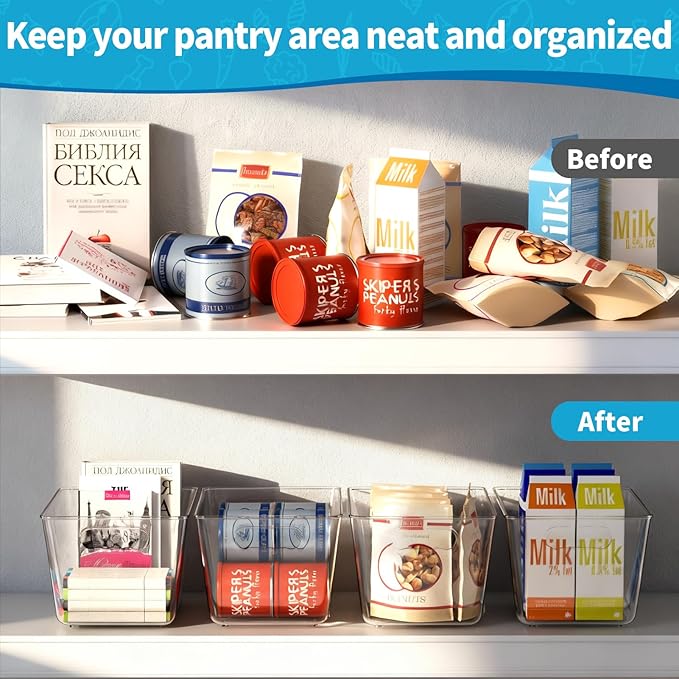 Clear Plastic Storage Bins, 4 Pack Pantry Organizers & Storage Containers, Cabinet Organizer, Home Organization Must Haves for Kitchen, Laundry Room, Office, Closet & Freezer