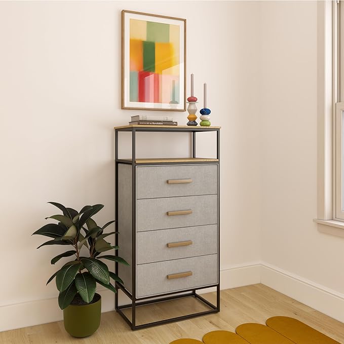 tinge Zana Premium Fabric Dresser - Strong Metal Frame, 4 Spacious Sag-Proof Drawers & Sturdy Wooden Top Shelf - Premium, Sleek & Durable Storage Solution for Your Home (Silver)