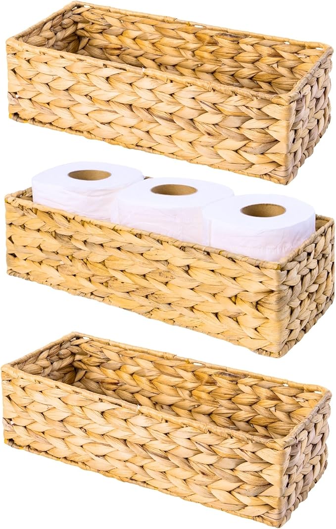 Set of 3 Wicker Toilet Paper Holders – Toilet Tank Basket, Back of Toilet Basket, Wicker Baskets for Storage and Decorative Bathroom Organization