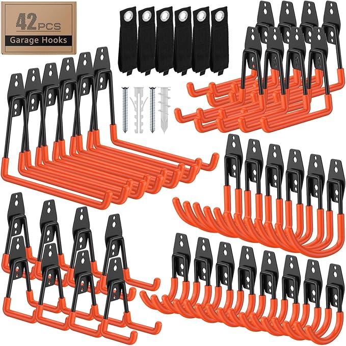 42 Pack Garage Hooks with Anti-Slip Coating Heavy Duty Wall Mount Hooks for Garage Storage and Hanging Hoses Bike Garden Tools Ropes etc