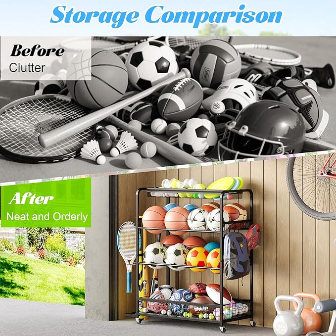 Garage Sports Equipment Organizer,Sports Ball Organizer with Wheels,Basket,Ball Organizer with Baseball Bat Rack and HooksToy Storage Rolling Cart-Black