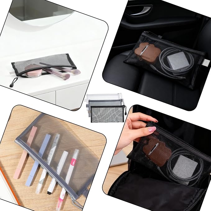 6 PCS Mesh Zipper Makeup Pouch Bags, Nylon Mesh Zipper Cosmetic Bags, Portable Travel Makeup Brush Pouches for Purse Toiletry Bag Organizer Case Diaper (Black, White, Gray)