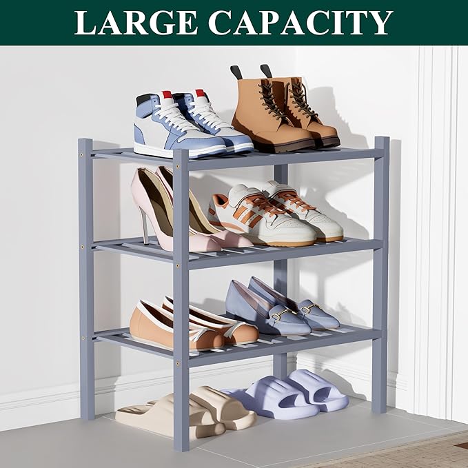 Smiry Bamboo Shoe Rack for Closet, 3 Tier Small Wooden Stackable Shoe Organizer, Free Standing Shoes Storage Shelf for Entryway, Front Door Entrance, Grey